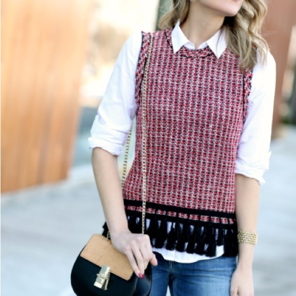 Zara Red and Black Tweed Fringe Sleeveless Blouse XS